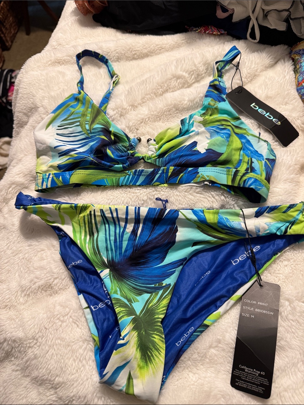 bebe Blue & Green Tropical Print Women's Bikini Set